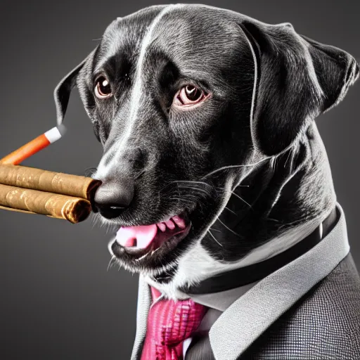 Image similar to a high detail closeup photograph of a dog wearing a suit 👔,and smoking a cigarrette🚬, award wining photograph, digital art