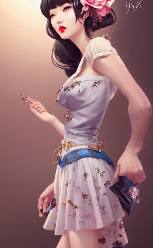 Image similar to a pin up and beautiful fashion charming dreamlke korea girl with lv jewelry, character art, art by artgerm lau and kyoung hwan kim and and ilya kuvshinov and john singer sargent, hyperdetailed, 8 k realistic, symmetrical, frostbite 3 engine, cryengine, dof, trending on artstation, digital art