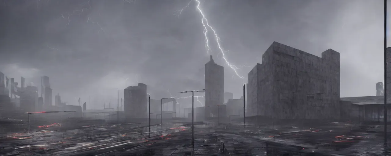 Image similar to brutalist architecture, steel, concrete, mist, heavy rain, night, dramatic lighting, lightning bolt, trending on Artstation, 8k, highly realistic, hyper detailed, unreal engine 5, IMAX quality, realistic, cinematic, epic lighting, realistic, in the style of Greg Rutkowski