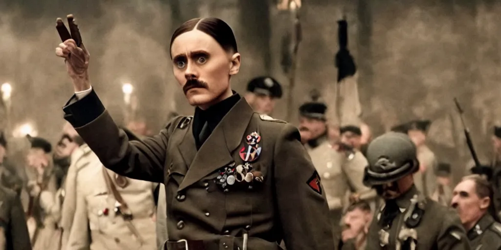 Prompt: Jared Leto as Adolf Hitler in 'The Death of Hitler' (2023), movie still frame