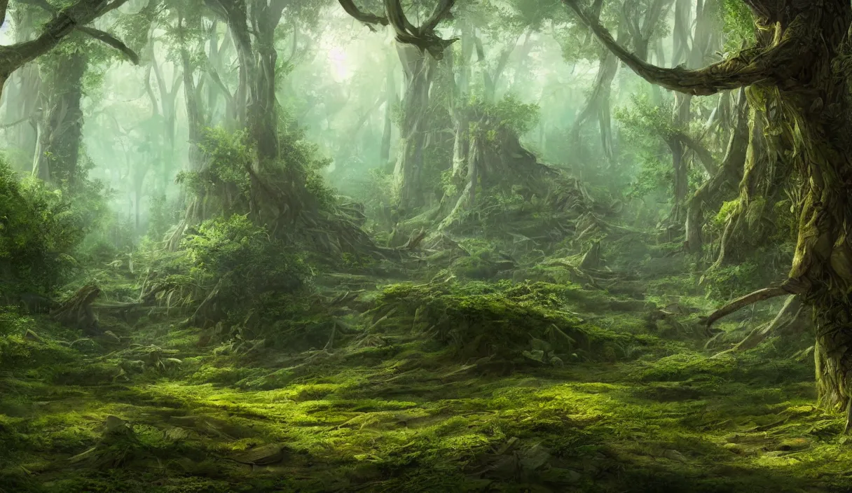 Image similar to a clearing in the forest, sharp focus, matte painting, illustration, concept art, ancient city covered in foliage