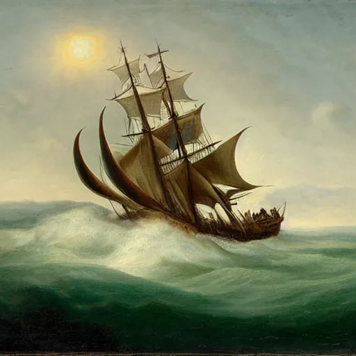 Prompt: seamonster attacking a ship, by george philip reinagle