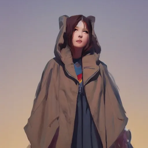 Image similar to a highly detailed epic cinematic concept art CG render digital painting artwork costume design: a teenage girl in a 1950s extremely oversized man's coat and hoodie. muted colors with some yellow accents. By Greg Rutkowski, Ilya Kuvshinov, WLOP, Stanley Artgerm Lau, Ruan Jia and Fenghua Zhong, trending on ArtStation, made in Maya, Blender and Photoshop, octane render, excellent composition, cinematic atmosphere, dynamic dramatic cinematic lighting, aesthetic, very inspirational, arthouse