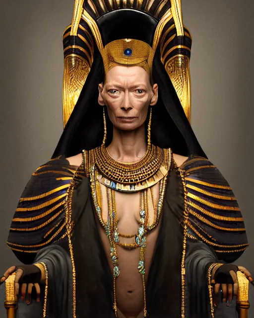 Image similar to tilda swinton as a dark - skinned egyptian pharao sitting on a throne, intricate, elegant, highly detailed, digital painting, artstation, concept art, matte, sharp focus, illustration, art by anders zorn and greg rutkowski and alphonse mucha