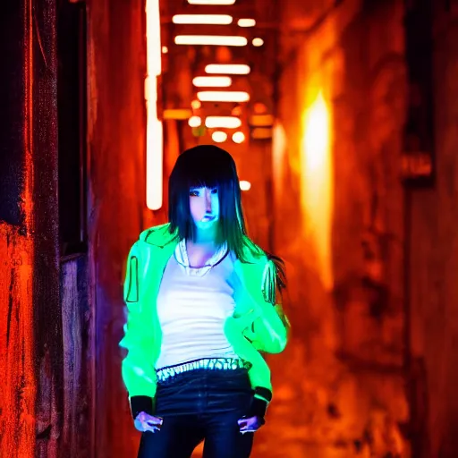 Prompt: photo portrait of an Asian woman with long Mohawk down hair wearing neon cyberpunk jacket, cinematic shot, night lighting, dslr bokeh depth of field