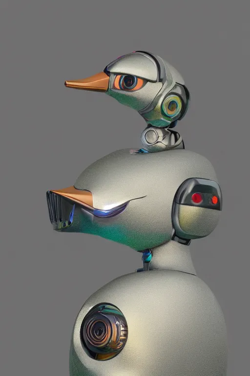 Image similar to robot duck concept portrait, visible screws and wires, 3 d metallic ceramic, detailed, sharp focus, pastel, intricate, realistic, smooth, volumetric lighting, digital painting, by miyazaki