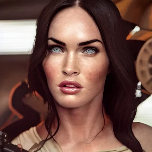 Image similar to first shot of megan fox in star wars reboot, ( eos 5 ds r, iso 1 0 0, f / 8, 1 / 1 2 5, 8 4 mm, postprocessed, crisp face, facial features )