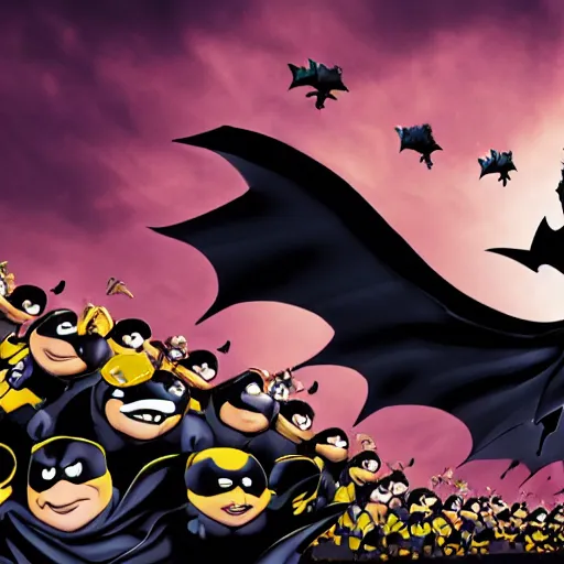 Prompt: batman fighting a large number of minons, 4 k