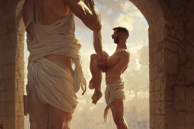 Image similar to a man tied to a pillar and jack russel terrier pissing on him, highly detailed, hyperrealistic digital painting, artstation, concept art, smooth, sharp focus, illustration, cinematic lighting, art by artgerm and greg rutkowski and alphonse mucha