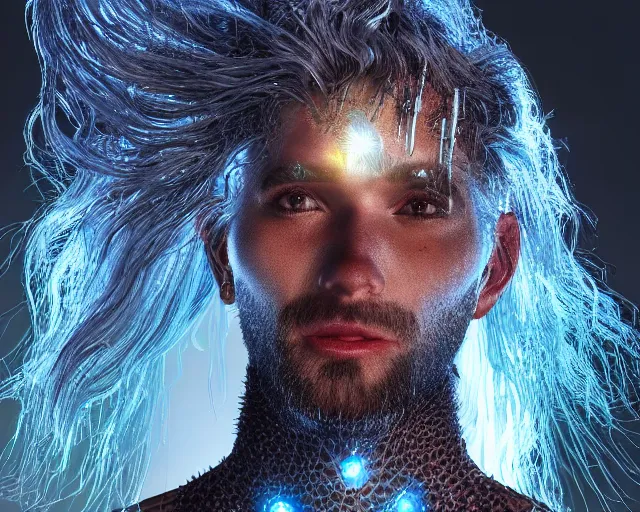 Image similar to glowing hair, complex cybernetic beings, beautiful hairy humanoids, cybergods, cybermagnetosphere, cybernetic civilizations, ornate hair, love, joy, vortexes, large arrays, data holograms, 8 k, cinematic light shadows, wet hdr refractions