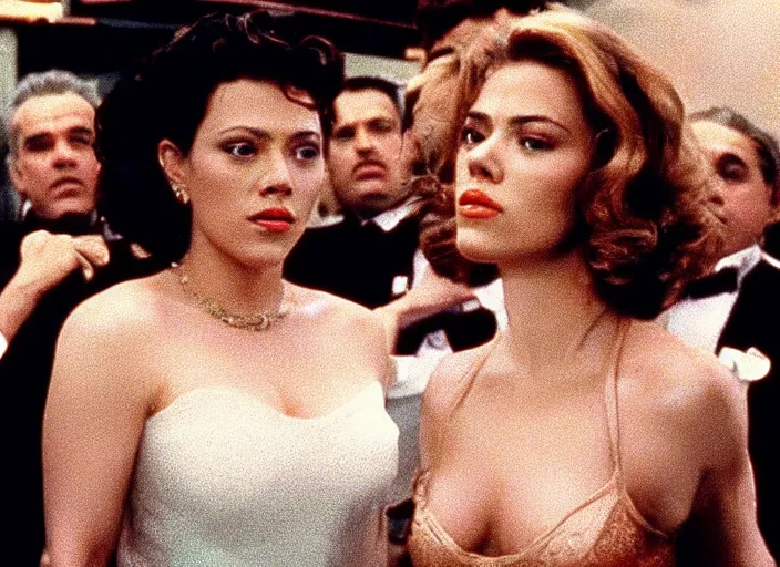 Image similar to movie still of a scarlett johannson with a very big bust in goodfellas, directed by martin scorsese