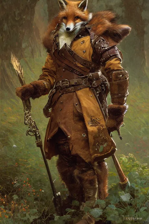 Prompt: a cunning anthropomorphic fox ranger, wearing detailed leather armor, character illustration by greg rutkowski, thomas kindkade, alphonse mucha, loish, norman rockwell