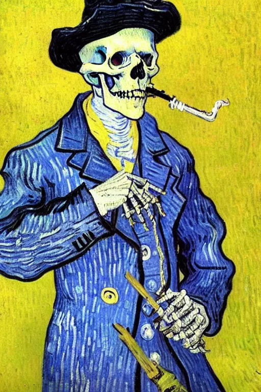 Prompt: 4k detailed painting by Van Gogh of a skeleton sailor (skeleton dressed like 19th century sailor in heavy wool coat, loose tie, shirt, and crooked crumpled hat, smoking cigarette), white and blue skeleton on a yellow background