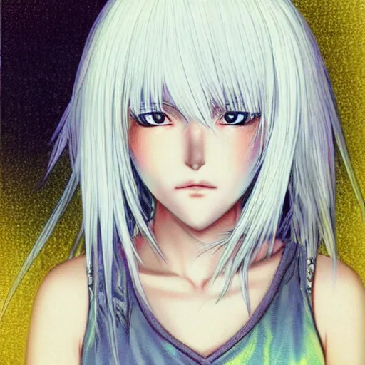 Image similar to “ realistic portrait of an anime girl with white hair, noisy film grain texture, three quarter angle, yoshitaka amano color palette ”