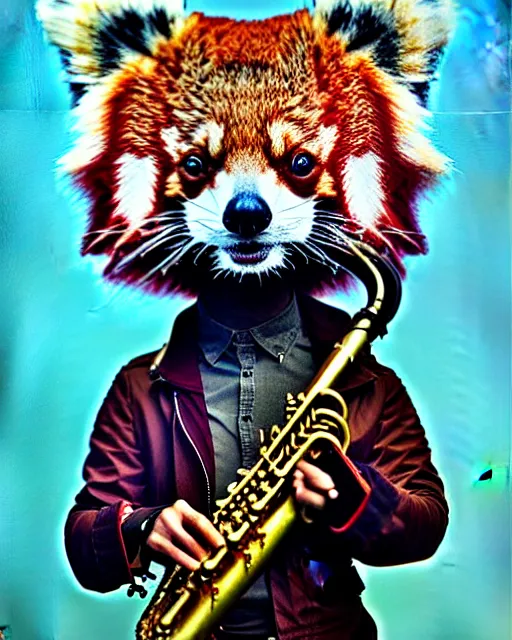 Image similar to a portrait of an anthropomorphic cyberpunk single red panda playing a saxophone by sandra chevrier, by jon foster, detailed render, tape deck, epic composition, cybernetics, 4 k realistic, cryengine, realistic shaded lighting, sharp focus, masterpiece, by enki bilal