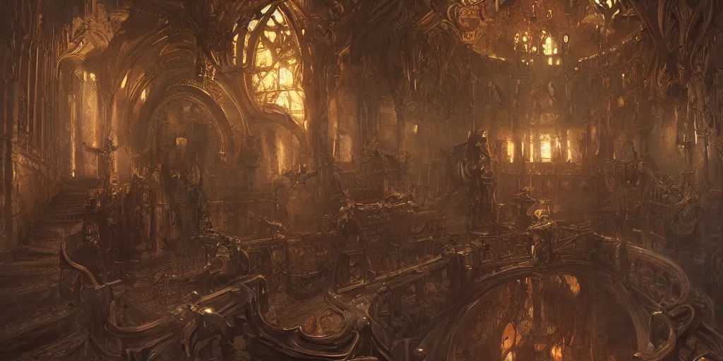 Image similar to ultra realistic illustration,, hell torture chamber interior from diablo and baldurs gate, intricate, elegant, highly detailed, digital painting, artstation, concept art, smooth, sharp focus, illustration, art by artgerm and greg rutkowski and alphonse mucha