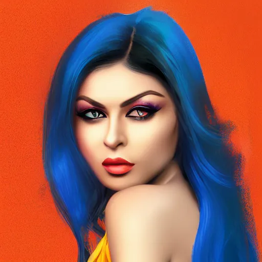 Prompt: portait of haifa wehbe, perfect lips, long hair blue yellow centred, hd, digital painting, unreal engine, final fantasy style, amazing red orange background theme