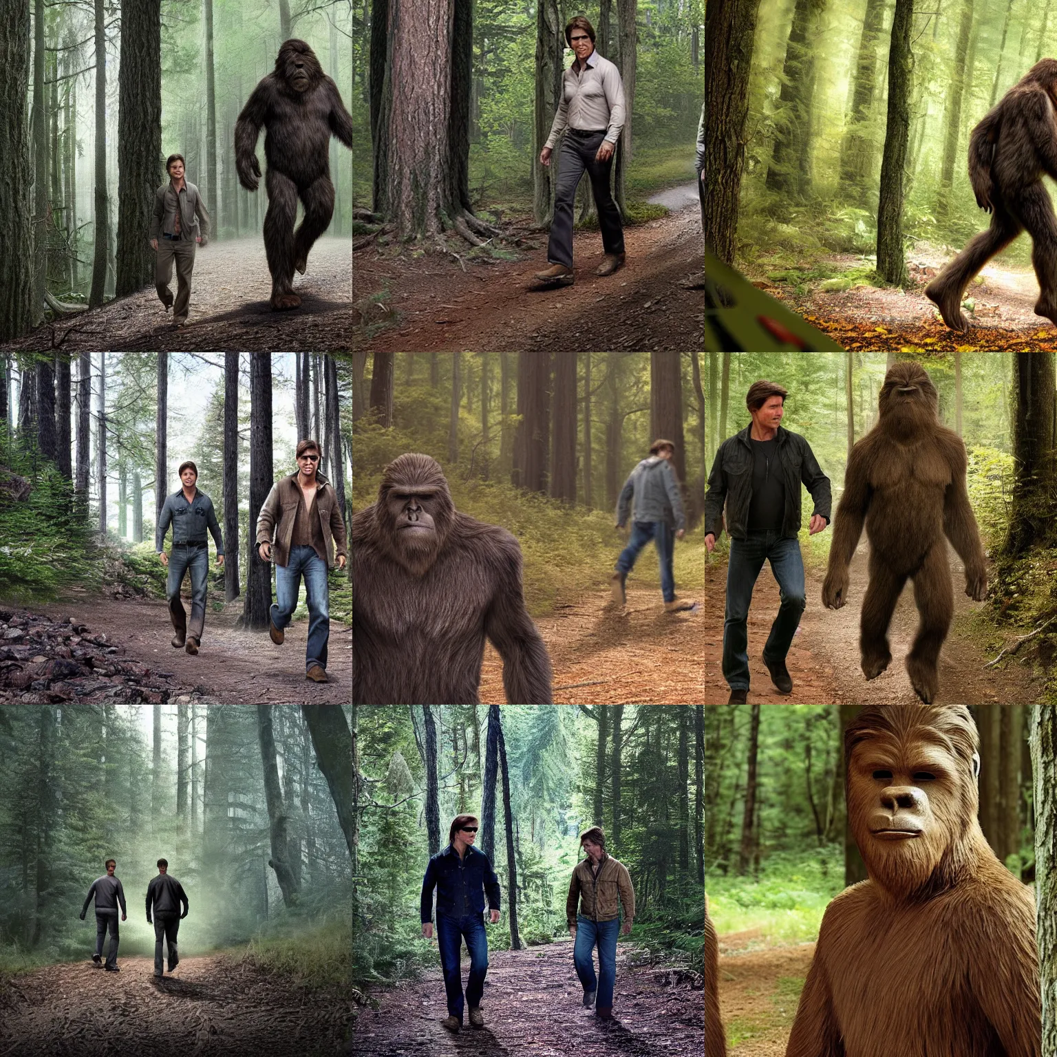 Prompt: Bigfoot and Tom Cruise walking together in the woods, photorealistic, 4K