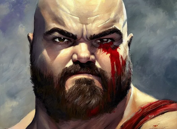 Image similar to a highly detailed beautiful portrait of jack black as kratos, by gregory manchess, james gurney, james jean