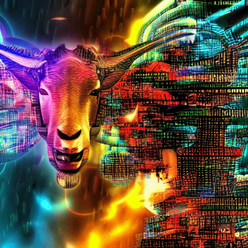 Image similar to complex cyberpunk machine background merged with evil cybernetic goat head in center focus, multicolored digital art