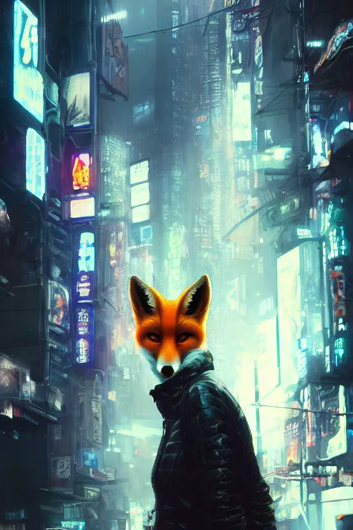Image similar to beautiful portrait of a tall white female anthro fox smoking a cigarette towering head and shoulders above the bustling crowd of a rainy city street around her, cyberpunk clothes, cyberpunk, harsh neon lights, highly detailed, sharp focus, digital painting, illustration, trending on artstation, art by sakimichan, wlop, greg rutkowski