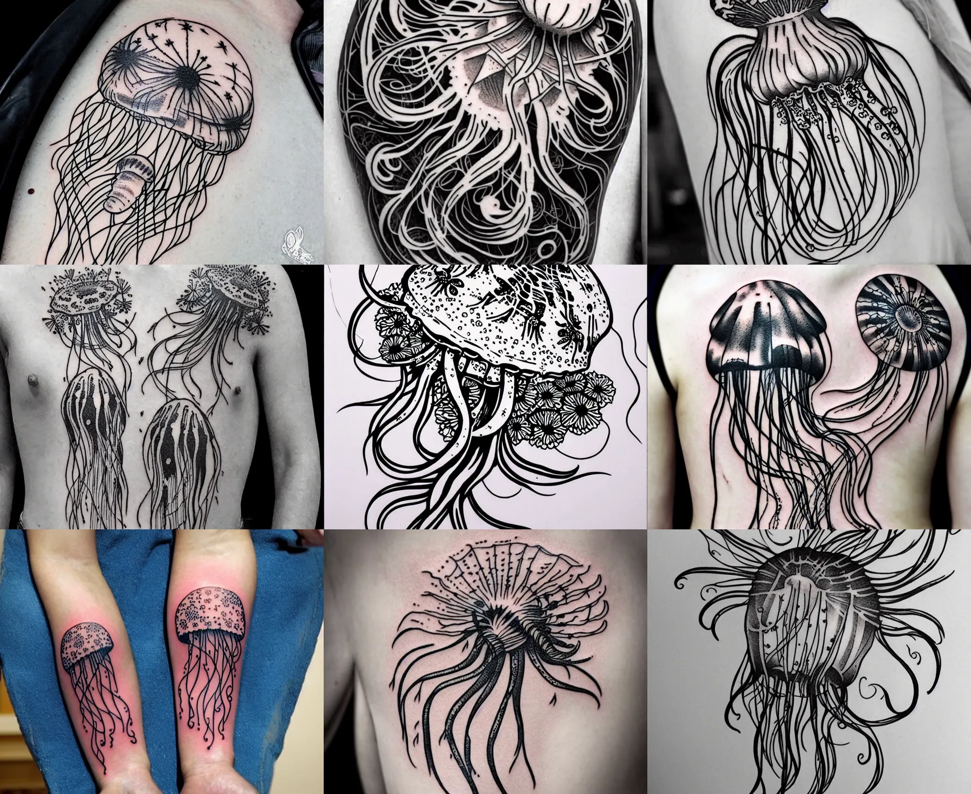 Prompt: detailed amazing tattoo stencil of a jellyfish floral