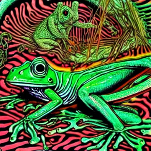 Image similar to closeup of an adorable, eldritch frog abomination of unimaginable horror by h. r. giger and junji ito, speculative evolution, psychedelic illustration, op art with big bold patterns