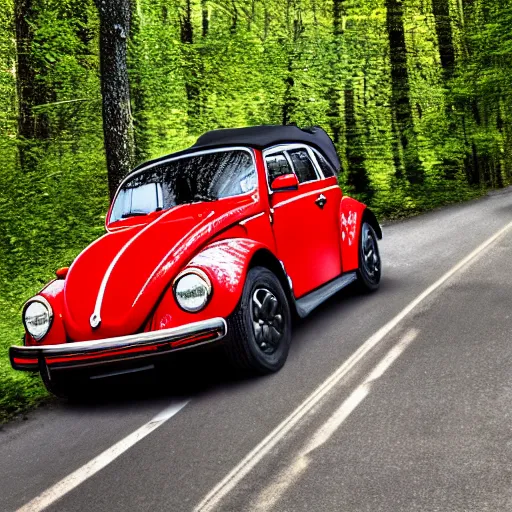 Image similar to promotional scifi - blockbuster movie scene of an insect - ladybug'glossy volkswagen beetle'hybrid, flying down a dusty backroad in smokey mountains tennessee. the hybrid is 2 / 3 ladybug. cinematic, muted dramtic color, 4 k, imax, 7 0 mm, hdr