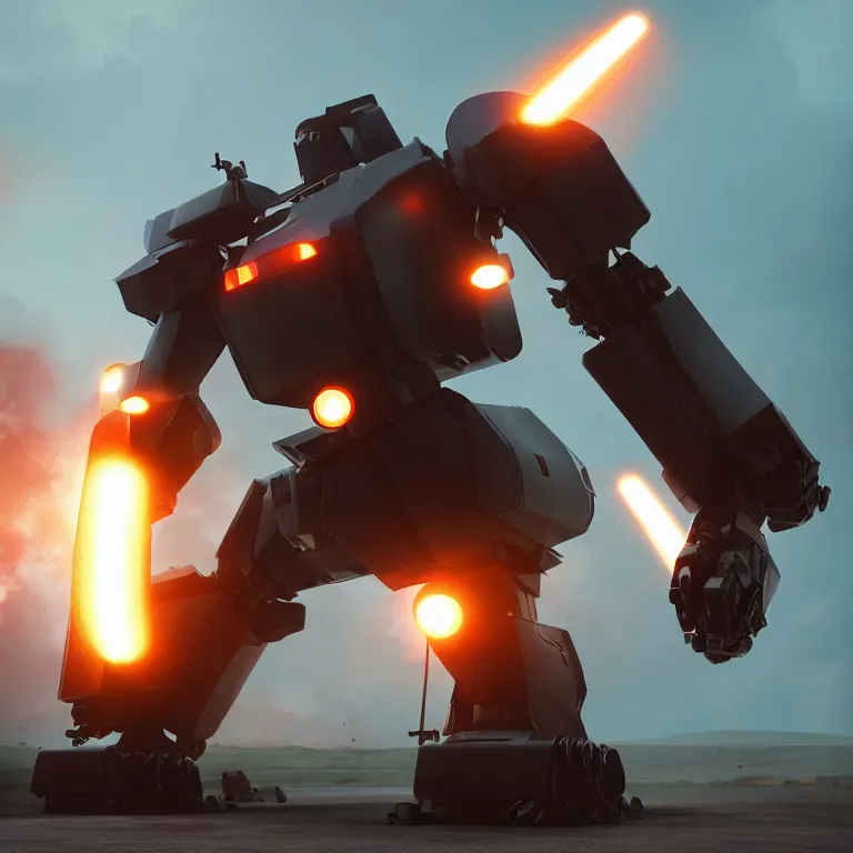 Image similar to Giant police mech fires rockets at fleeing car, color, cinematic lighting, highly detailed, octane render