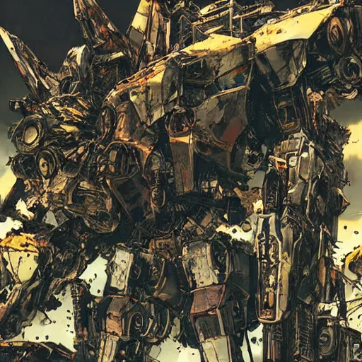 Image similar to destroyed mecha junkyard, matte painting, by yoji shinkawa