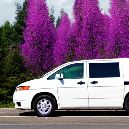 Image similar to white minivan driving away from purple explosion