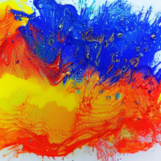 Prompt: blue, yellow, orange, red, acrylic paint pour art, 4k