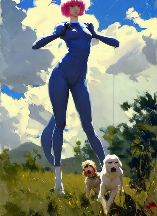 Image similar to Greg Manchess painting of Rei Ayanami in Jumpsuit out with the dogs, countryside, fantasy character portrait, dynamic pose, above view, sunny day, thunder clouds in the sky, artwork by Jeremy Lipkin and Giuseppe Dangelico Pino and Michael Garmash and Rob Rey, very coherent asymmetrical artwork, sharp edges, perfect face, simple form, wacky, 100mm