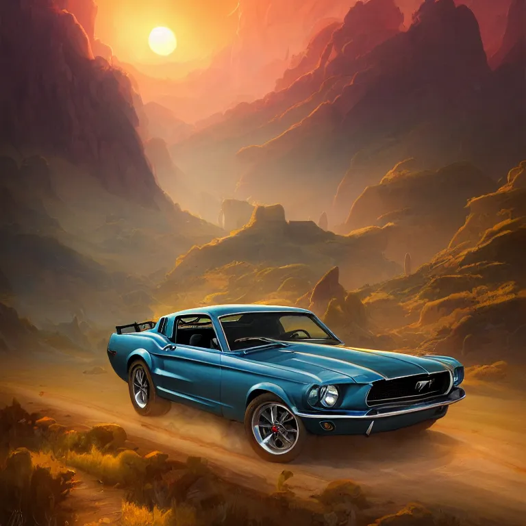 Image similar to long shot camera angle of a 1 9 6 8 mustang driving down a country road landscape, coriolios rpg art style, full of details, warm sunset colors, matte painting, artstation, 8 k, hyperrealistic, style of peter mohrbacher, album cover