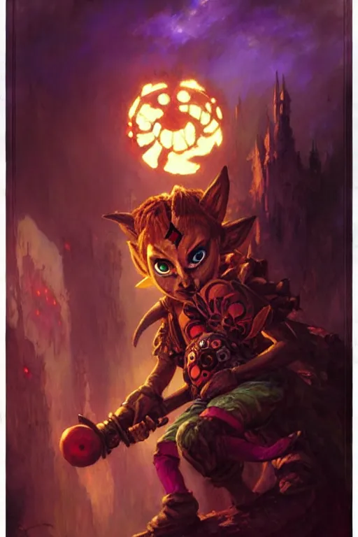 Image similar to majora's mask as a magic the gathering card portrait dnd, painting by gaston bussiere, craig mullins, greg rutkowski, yoji shinkawa