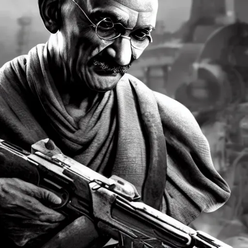 Image similar to Portrait of Mahatma Gandhi in Gears of War, splash art, movie still, cinematic lighting, dramatic, octane render, long lens, shallow depth of field, bokeh, anamorphic lens flare, 8k, hyper detailed, 35mm film grain