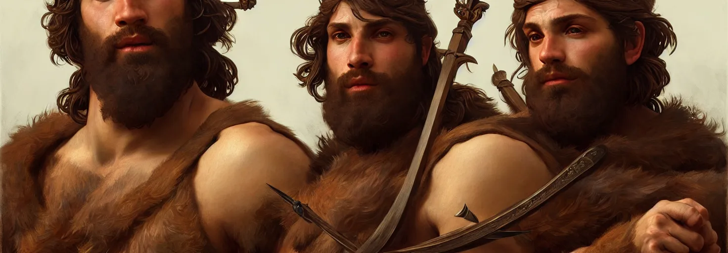 Image similar to renaissance upper body portrait of a gruff ranger with a spear, lean and toned, handsome face, hairy chest, D&D, intricate, elegant, highly detailed, digital painting, artstation, concept art, matte, sharp focus, illustration, art by da Vinci, Artgerm and Greg Rutkowski and Alphonse Mucha