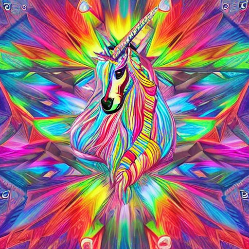 Prompt: a technicolor portrait illustration of a unicorn in geometric kaleidoscopic colors trending on artstation 4 k intricate extremely detailed digital art