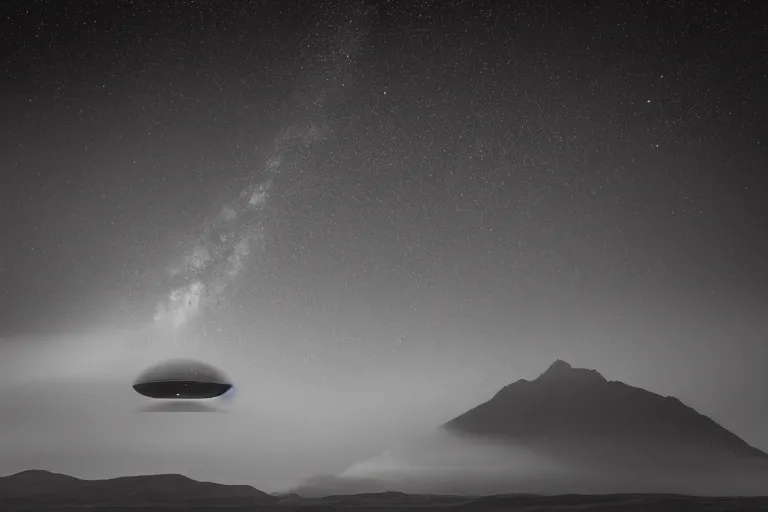 Image similar to alien space ship invading earth in the style of ansel adams, black and white, old, master photography by ansel adams