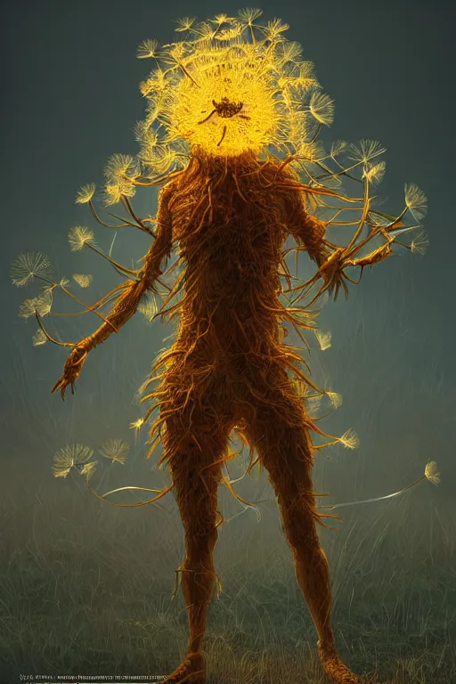 Prompt: a humanoid figure dandelion monster. amber glowing, intricate artwork by tooth wu wlop beeple dan mumford concept art, octane render, trending on art station