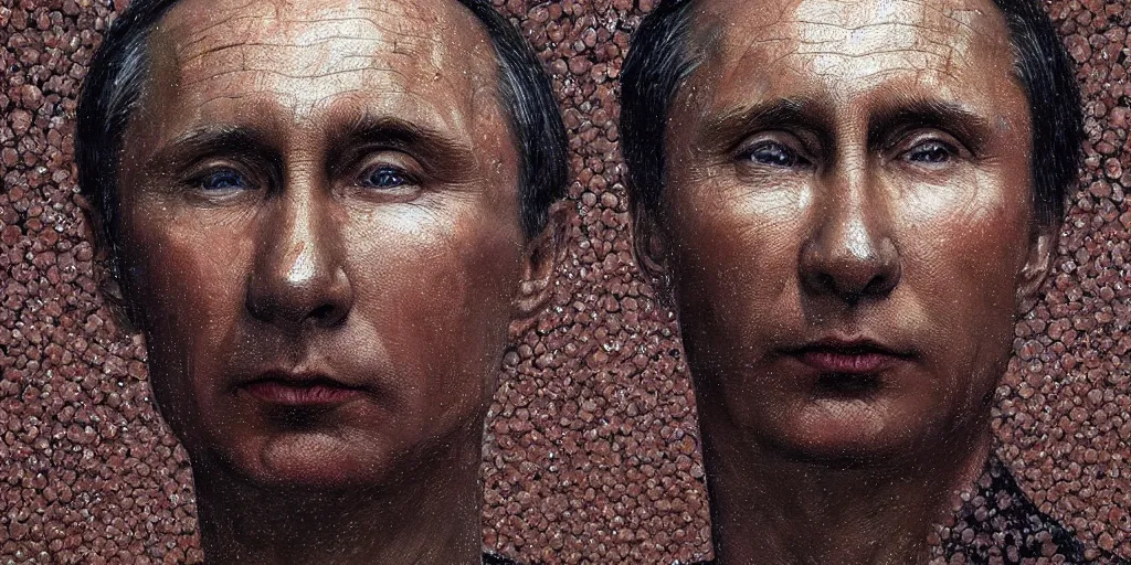 Image similar to portrait of vladimir putin's face made up of worms, james gurney, greg rutkowski, photorealistic, hyperdetailed