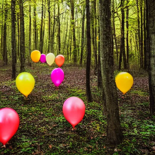 Image similar to An abandoned forest with colorful balloons, Sony a7R IV, symmetric balance, polarizing filter, Photolab, Lightroom, 4K, Dolby Vision, Photography Award