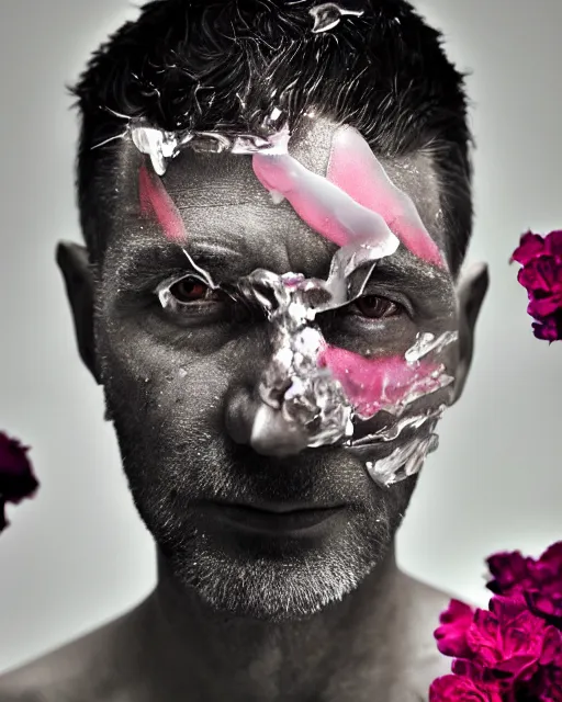 Image similar to portrait of a man, close-up, ice on the face, steel skin, high sharpness, zeiss lens, fashion photo shoot, flowers, gray hair, Coral lipstick, in the background black , in pink, illumination semidark , Edward Buba , Annie Leibovitz , Paolo Roversi , David Lazar , Jimmy Nelsson , Eiko Hosoe , artistic , hyper-realistic , beautiful face , octane rendering