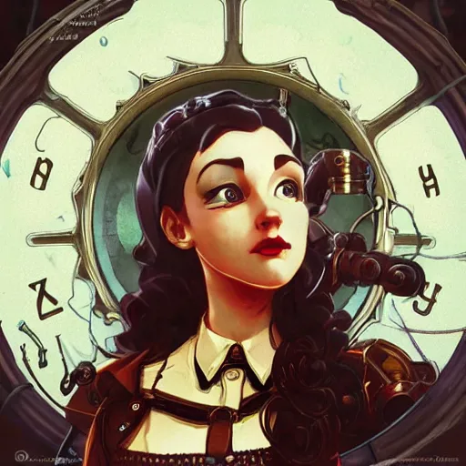 Image similar to lofi bioshock steampunk portrait, Pixar style, art by Artgerm and Greg Rutkowski and Alphonse Mucha.