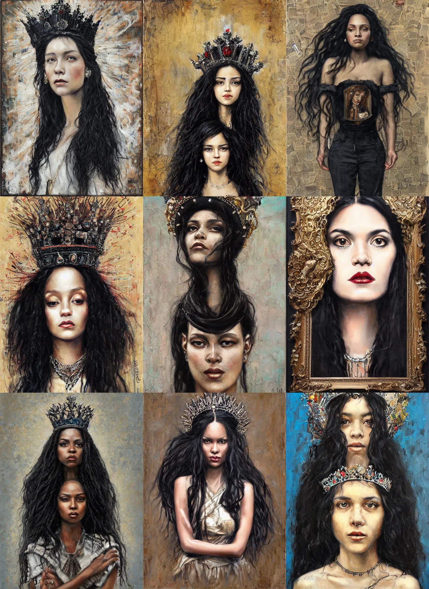 Prompt: A portrait of long black haired women with crown, in style of Tim Okamura and Andrew Ferez