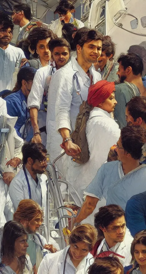 Image similar to close up of young Indian doctors in scrubs disembarking at Heathrow, sun shining, photo realistic illustration by greg rutkowski, thomas kindkade, alphonse mucha, loish, norman rockwell.