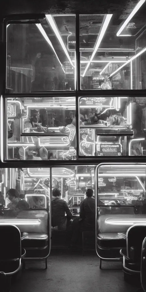 Image similar to vertical movie frame 6 0's retro diner interior, neon - decorated urban on night in the city seen through the window, modern interior design, architectural design, vintage, night blade runner, dark, postapocalyptic, clean lines, 4 k, octane, miyazaki film, lunarcore city seen at distance outside, big windows, octane, wide angle