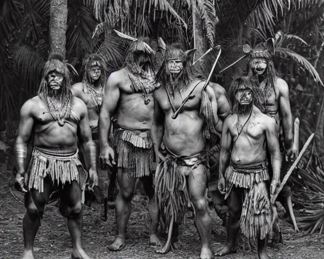 Prompt: hyper realistic group vintage photograph of an orc warrior tribe in the jungle, tall, hulk like physique, detailed faces, tribal paint, tribal armor, grain, old, monochrome, wide angle
