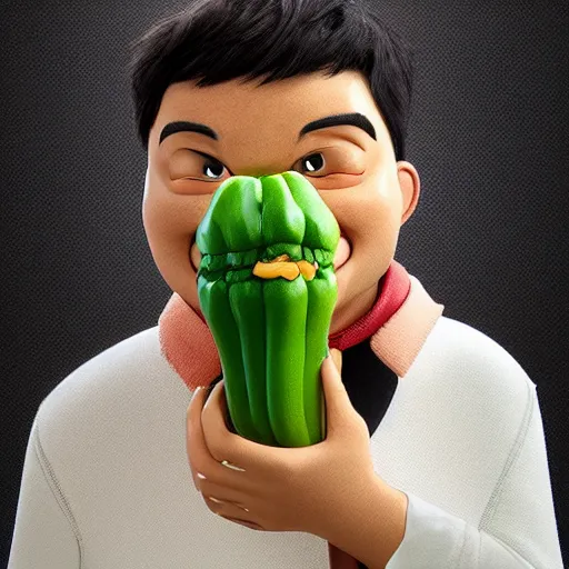 Image similar to a cartoon character with a green pepper in his mouth, a character portrait by weiwei, cgsociety, sots art, official art, art, character,