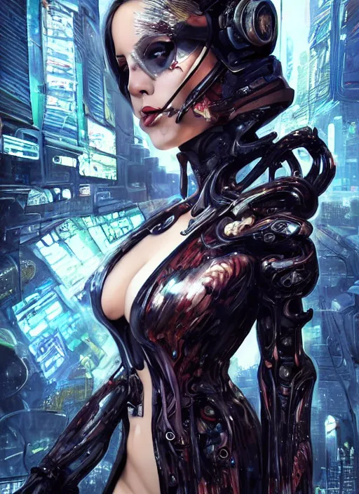 Image similar to a full body beautiful woman wearing a cyberpunk outfit by karol bak, ayami kojima, artgerm, sakimichan, hr giger, blue eyes, weapons, electronics, high tech, cyber wear, latex dress, bandage, concept art, fantasy, cyberpunk